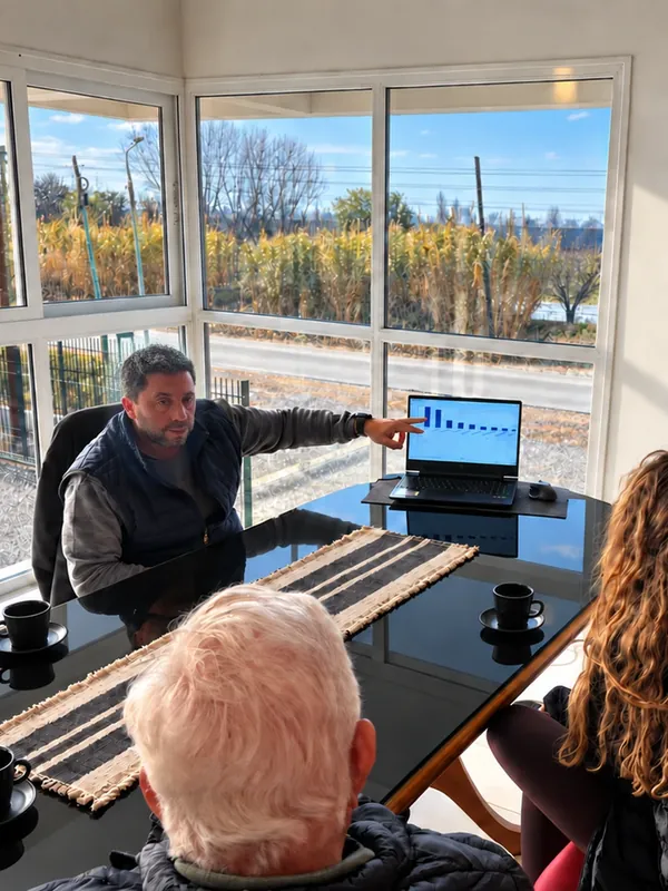 Reunión en la oficina de un cliente: alrededor de la mesa miran un gráfico de barras en la notebook