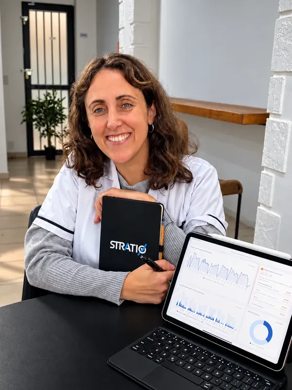 Una mujer sonríe con un cuaderno de Stratio en la mano, junto a una tablet con un tablero de indicadores